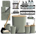 Clara Clark Bathroom Set - Sage Green Bathroom Accessories Set, 6PC Bathroom Accessory Set, Bathroom Sets with Bathroom Rugs, Adhesive Corner Shower Caddy Hanging, Toilet Brush & Trash Can