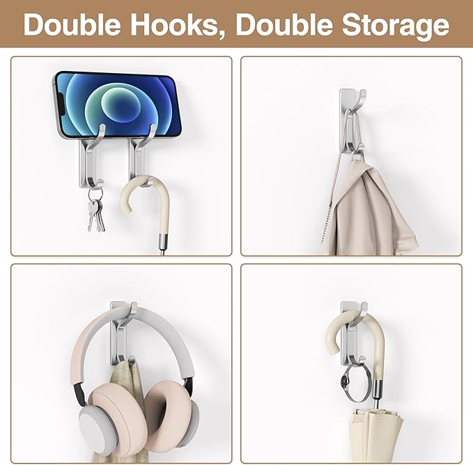 pickpiff Adhesive Wall Coat Hooks - Heavy Duty Stick-On Door Hanger, Metal Hook for Hanging Towel,Purse, Robe, Backpack, Jacket, Clothes - for Bathroom,Dorm, Closet, Kitchen - Silver, 4 Pack