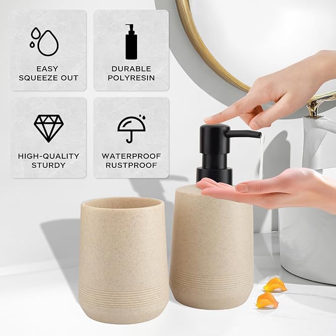 Bathroom Accessories Set, 2 Piece Resin Bathroom Accessory Set with Soap Dispenser and Toothbrush Holder for Modern Bathroom Decor (Beige)
