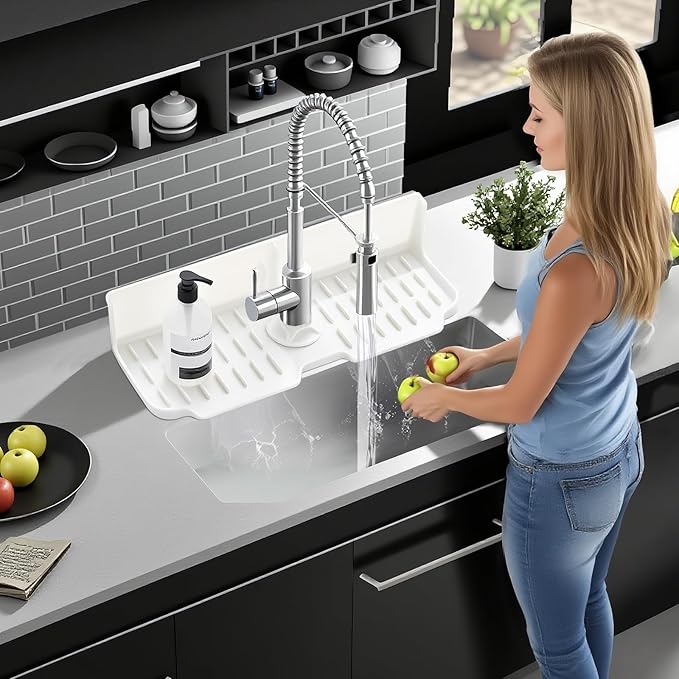 Silicone Kitchen Countertop & Sink Splash Guard, Silicone Sink Faucet Drying Mat, Faucet Mat for Kitchen Sink, 16.9” x 5.5’’ x 3.9’’ Splash Guard for Kitchen, Bathroom (Transparent)