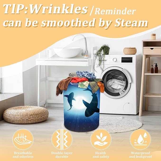 Floating Shark Laundry Basket, Sea Animals Laundry Hamper Foldable Waterproof Oxford Cloth Funny Tote Bag Dirty Clothes Storage Bucket Toy Organizer for Bathroom/Laundry/Bedroom 15.7"x19.6"