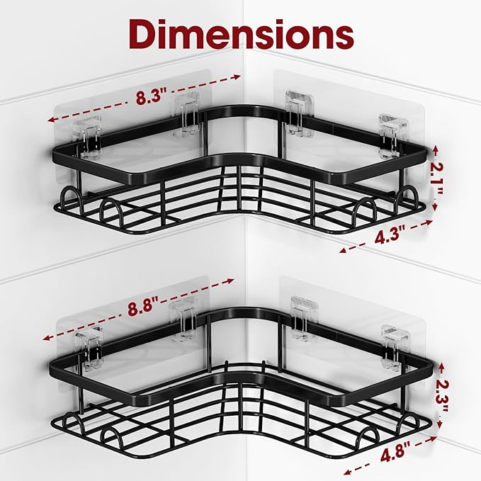 Corner Shower Caddy - 2 Pack, Adhesive Shower Organizers, Rustproof Stainless Steel Shower Shelves with 8 Hooks, No Drilling Bathroom Organizers and Storage Racks, Space-Saving, Black, Large