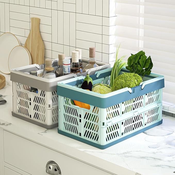 Collapsible Crate Milk Crates for Storage Plastic shopping basket 20L for Kitchen Bathroom (White)