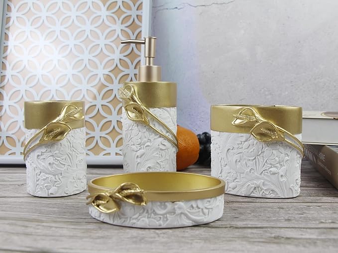 Hymmah Bathroom Accessories Set,Golden Design Toothbrush Holder,Farmhouse Bathroom Decor,4 Pcs Resin Gift Set Apartment Necessities, Contain Toothbrush Cup,Soap Dispenser,Soap Dish,Tumbler