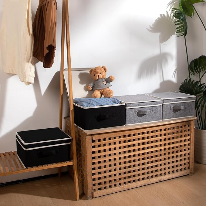 Storage Bins with Lid, Foldable Clothing Storage Box case with Handle for Closet, Bedroom, Home, Gray+Black, 13L x 12.5W x 7H inch