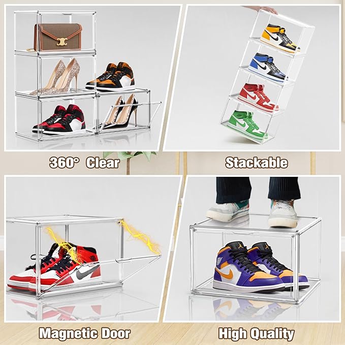 X-Large Acrylic Display Case Size 14 Sneaker Shoe Box with Magnetic Lid, Stackable Purse Organizer Handbag Storage Clear Figure Case Large Collectibles Showcase, Protection Organizer, 1 Pack