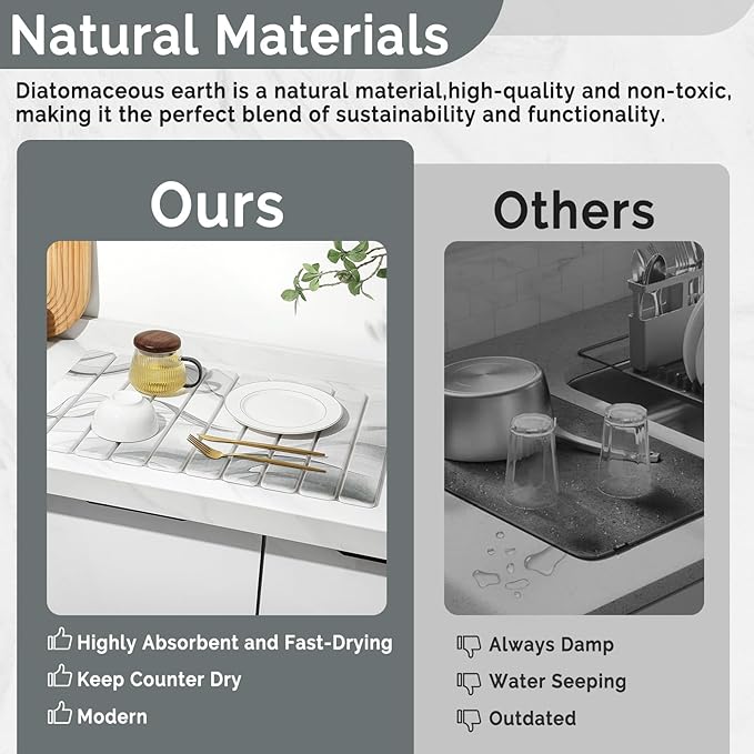Large Stone Dish Drying Mat for Kitchen Counter, 2 PCS Quick Dry Stone Mats, Foldable Water Absorbing Diatomaceous Earth Drying Dishes Pad for Countertop Bottle Utensil Cup(Black White 24"×16"&8"x4")