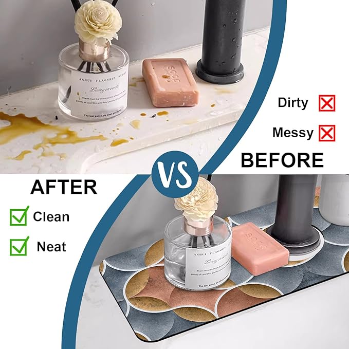Geometric Printing Sink Faucet Absorbing Mat Ceramic Tile Texture Super Absorbent Fast Drying Mat Sink Gadgets Behind Faucet Sinkmat for Kitchen Bathroom, 15.5"x5.5"