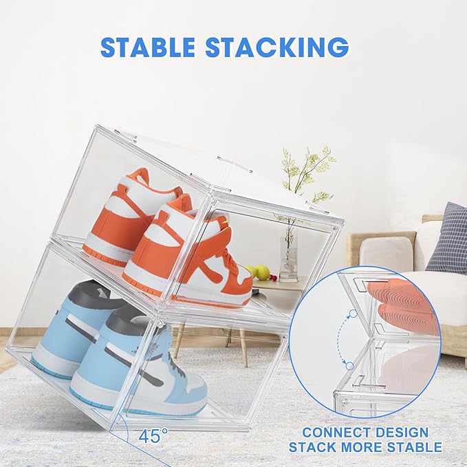 HIYOHIYO 2-Pack Acrylic Clear Stackable Shoe Boxes - 360 Clear Acrylic Display Shoes Boxes - Fully Transparent Display Box with Magnetic Door - Size 14