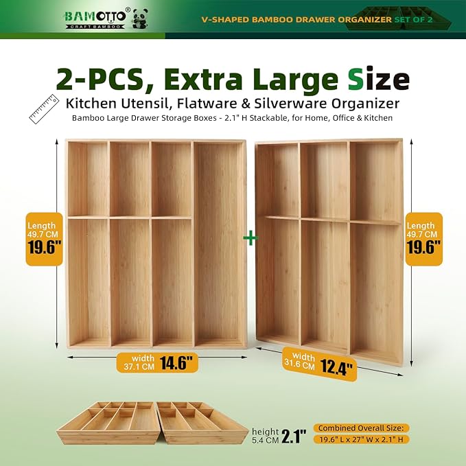 13 Slot V-Shaped Bamboo Drawer Organizer Set of 2, Extra Large Cutlery Tray - Easy Reach Flatware Silverware Utensil Storage for Kitchen (19.6"x14.6" & 19.6"x12.4")