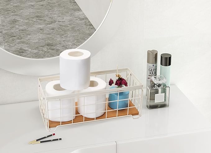TIEYIPIN Metal Wire Storage Basket, Toilet Paper Roll Holder Wood Base Countertop Decor Box Toilet Tank Shelf Cabinet Organizer for Bathroom Pantry Garage Bedroom Livingroom - Cream White