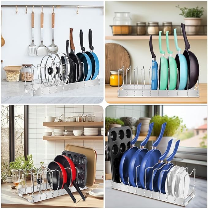2Pack Lid Organizer Pot Lid Organizer Detachable and Adjustable Pots and Pans Organizer for Kitchen Cabinet Storage for Pots and Pans, Cutting Boards, Cooking Utensils