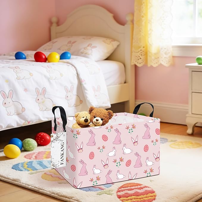 FANKANG Storage Bins,Nursery Hamper Canvas Laundry Basket Foldable with Waterproof PE Coating Storage Baskets for Boys and Girls, Office, Bedroom, Clothes,Toys(Rec-Rabbit ）