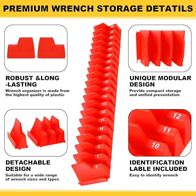 Chunful 100 pcs Modular Wrench Organizer Holder Wrench Tool Organizers Storage Racks Set with Metric & SAE Label for Tool Box Drawer Storage for Father Brother Professional Mechanics Men(Red)