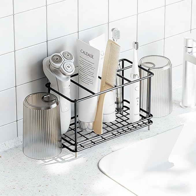 Carbon Steel Toothbrush Holders for Bathrooms, Electric Tooth Brush Holder and Toothpaste Organizer with Cup Holder Bathroom Accessories for Countertop, Shower, Sink - Black