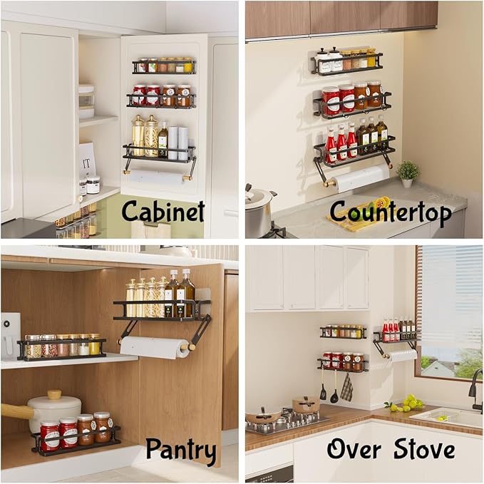 3 Pack Spice Rack Wall Mount With Paper Towel Holder and Hooks, Screw or Adhesive Hanging Spice Shelf,Space Saving Spice Organizer for Seasonings, Spice Racks for Stove,Cabinet, Pantry Black