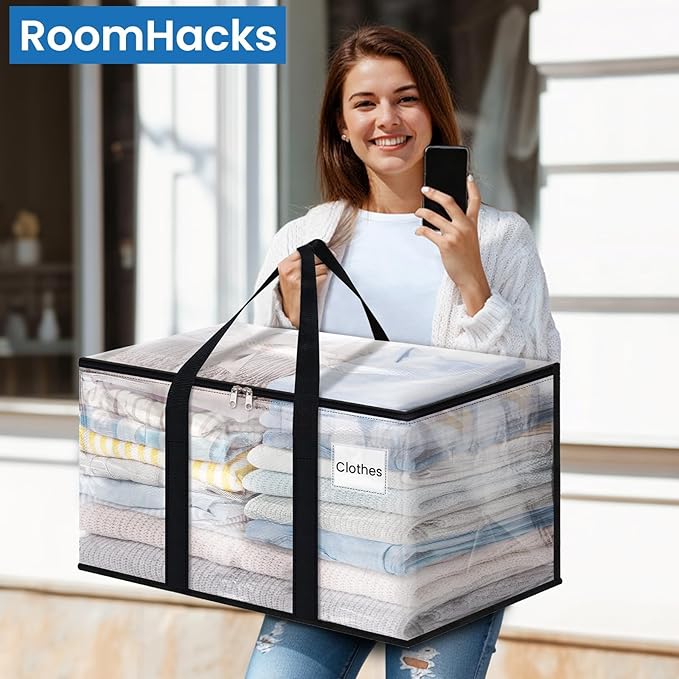 Clear Heavy Duty Extra Large Moving Bags, Reinforced Handle and Double Zipper Storage Bags for Packing Essentials (6 Packs)