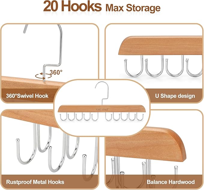 TOPIA HANGER Bra Hanger for Closet, Tank Top Hangers 20 Hooks Capacity Foldable Wood Space Saving Hangers Closet Organizer for Bra, Tank Top, Scarf, Belt, Tie, Hoodie etc - CT46N
