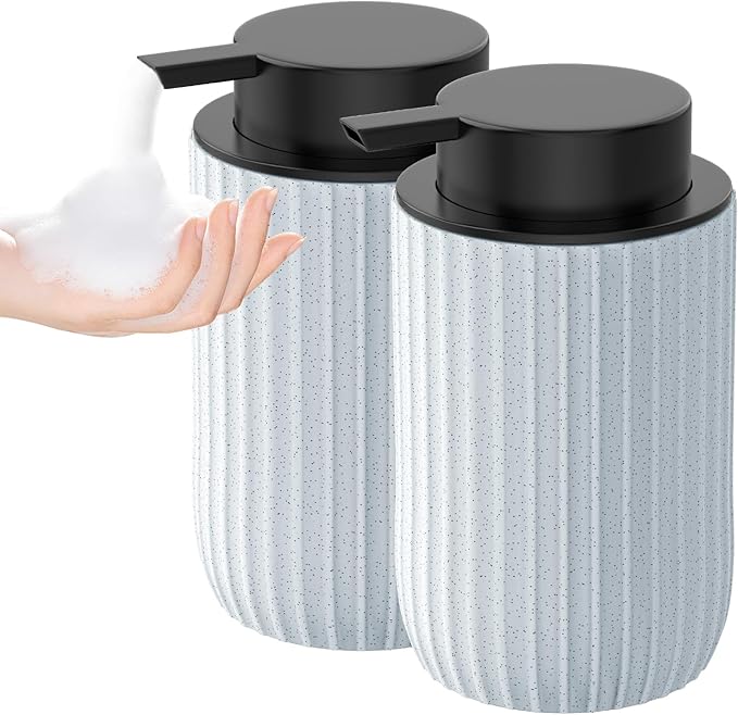 Ceramic Foaming Hand Soap Dispenser 2Pack，12 oz Bathroom Soap Dispensers， Lotion Dispenser for Kitchen, Refillable Matte Streaks Soap Dispenser with Large Pump (Blue-2Pack)