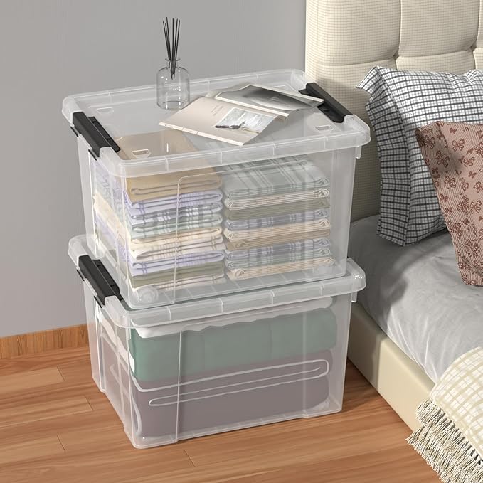 Aninhao 50 Quart Clear Latching Storage Box Bins, 4 Packs, Large Plastic Storage Boxes with Wheels