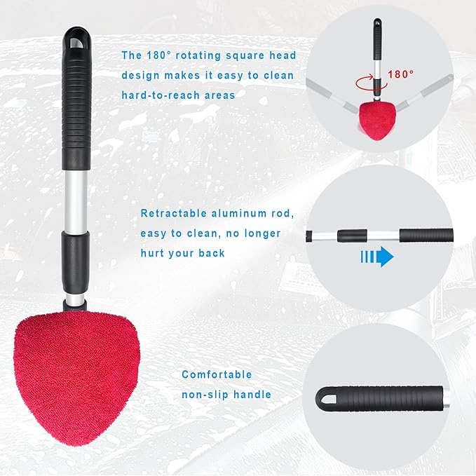 Ziciner Car Windshield Cleaner, Microfiber Auto Cleaning Wiper with Aluminum Extendable Handle and 2 Washable Reusable Cloth Pad Head, Universal Vehicle Interior Exterior Cleaner Kit (Red-Triangle)