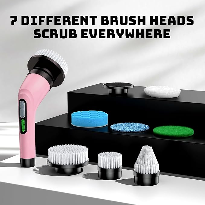 VigorDay Electric Spin Scrubber - Cordless Bathroom Scrubber with 7 Brush Heads - Dual Speed IPX7 Waterproof Power Scrubber for Heavy-Duty Bathtub, Glass, Tile, and Car Cleaning (Pink)