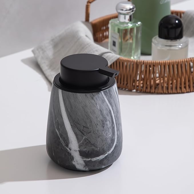 12Oz Foaming Hand Soap Dispenser - Ceramic Bathroom Foam Soap Dispenser with Easy-to-Press Black Pump, Refillable Lotion Hand Dispenser, Dish Soap Dispensers for Kitchen, Marble Grey