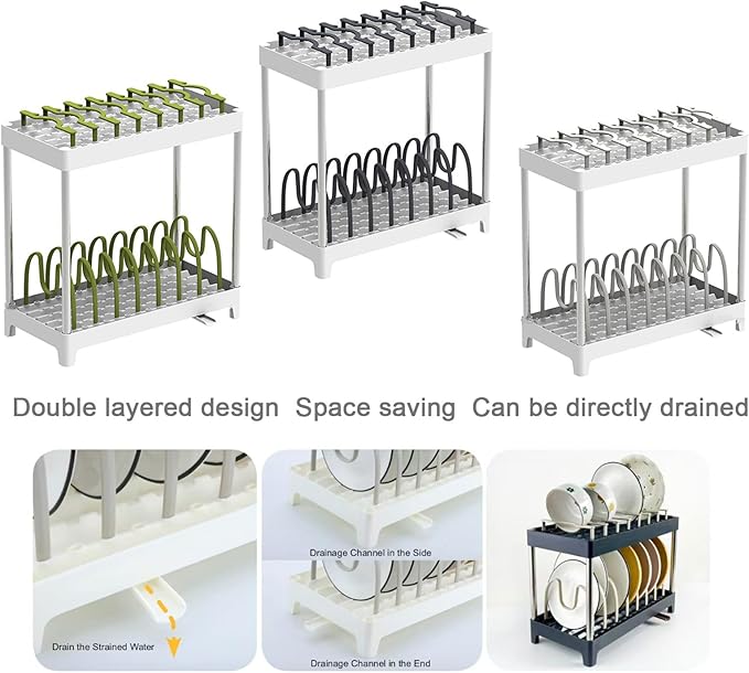 Double-Layer Pot and Pan Lid Organizer with Drainage, Adjustable 16 Compartments for Kitchen Cabinets - Bakeware, Cookware, Cutting Boards & Dishes (Nordic Green)
