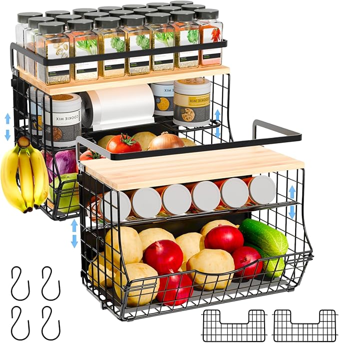 Magnetic Shelf for Fridge with Wood Lid, Fruit Potato and Onion Storage Bins, Kitchen Large Container Magnetic Spice Rack for Refrigerator, Kitchen Counter, Tools, Snack (BLACK, 2 Pack)