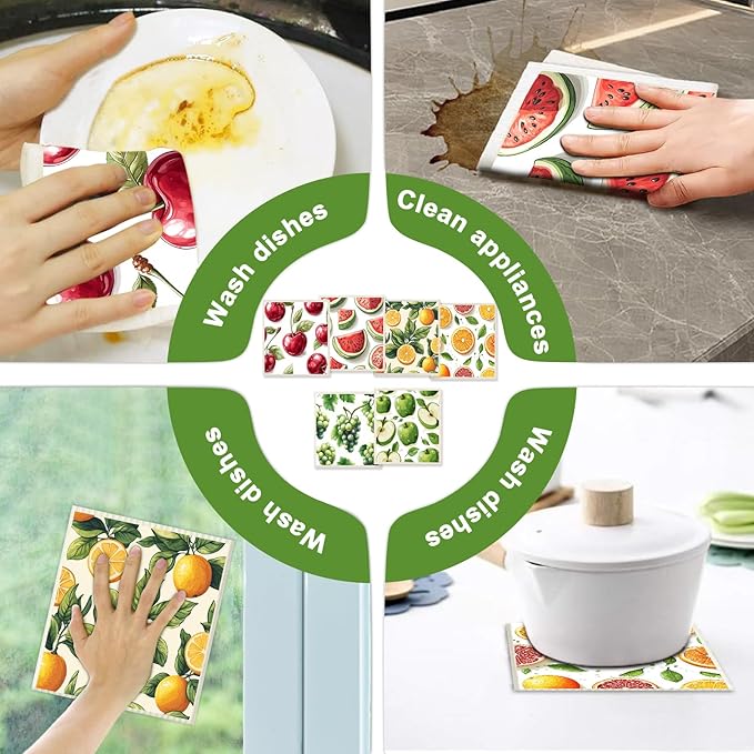 6 Pack Swedish Dishcloths for Kitchen - Reusable Dish Paper Towels Cloths Washable,Absorbent Cellulose Cleaning Sponge Cloth Wipes Quick Dry, Decorative Tea Towels,No Odor Biodegradable(Fruit)