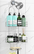 Shower Caddy - Organizer with 6 Hooks, Soap Basket & Self-Adhesive Pad, Silver