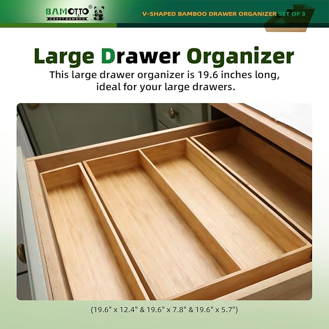 V-Shaped 3-Pack 19.6" Long Bamboo Drawer Organizer Box - Easy Reach Cutlery Tray for Flatware Silverware Utensil, Kitchen & Home Use (19.6"x5.7"/19.6"x7.8"/19.6"x12.4")