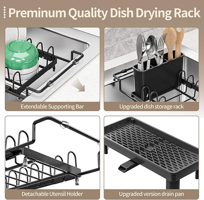 SanDream Dish Drying Rack, Small Over Sink Dish Drying Rack, Expandable Over The Sink Dish Drying Rack with Drip Tray for Kitchen Counter & in Sink
