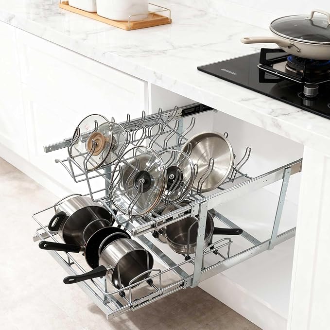 2 Tier Pull Out Pot and Pan Organizer,(20½"W x 22" D) Pull Out Cabinet Organizer for Pot Pan Lid Organization, Individual Pull Out Cabinet Organizer for 24 inch and above cabinet