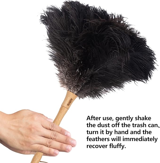 Aldwin Ostrich Feather Duster, 16 inch Black Genuine Ostrich Feathers with Wood Handle, Reusable Car Dusters, Eco-Friendly Cleaning Handheld Dusters for Home, Office and Kitchen