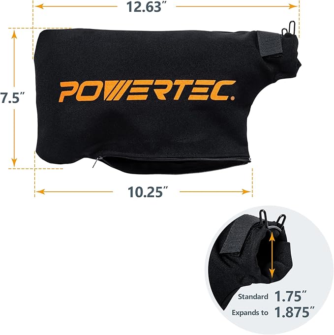 POWERTEC Miter Saw Dust Collector Bag for 7-1/4", 8-1/2", 10" Miter Saw.Fits Nominal 1-3/4" Dust Ports, Hook & Loop Dust Bag w/Zipper, Wired Adjustable Stand for Tank Belt Sander & Diagonal Saw(75076)