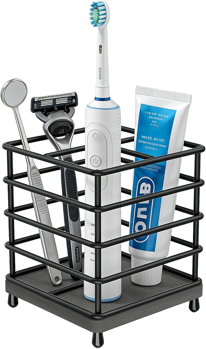 BOTEMY Toothbrush Holders with Quick Drying Mat—Black Toothbrush and Toothpaste Holder for Bathroom—Upgrade 3 Slots Openwork Design Bathroom Counter Organizer for Electric Toothbrush,Razor,Toothpaste