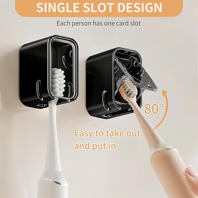 Wall Mounted Toothbrush Holders for Bathroom,Strong Self Adhesive Tooth Brush Holder with Cover, Toothbrush Heads Organizer for Family, 2 Pcs
