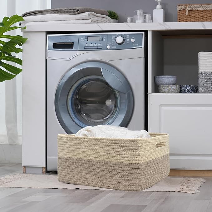COMFY-HOMI 2 pcs Large Storage Baskets for Shelves, Laundry Basket, Woven Rope Basket, Closet Organizer Bins for Clothes Blanket Towels, Baby Nursery, Gift Toy Baskets, 17” x 13” x 7.5”-Beige Brown