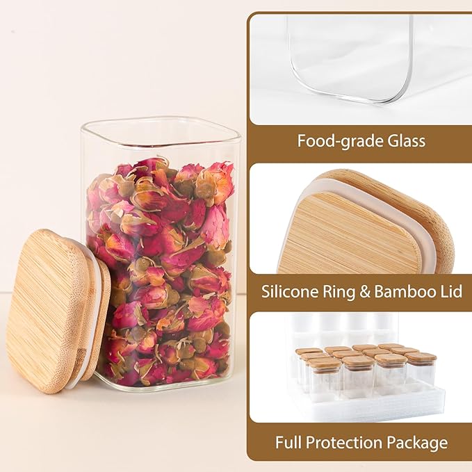 20 Pack 8 oz Square Glass Spice Jars with Lids and Labels – Airtight Small Spice Containers Set, Clear Glass Storage Jars for Seasoning, Spices, Kitchen Pantry Organization