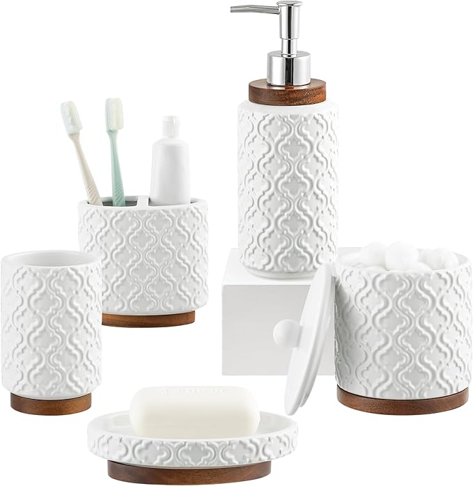 Bathroom Accessories Set 5 Pieces Toothbrush Holder Soap Dispenser Ceramic Bathroom Accessory Set Contain Cotton Swab Jar Toothbrush Cup Soap Dish Tumbler
