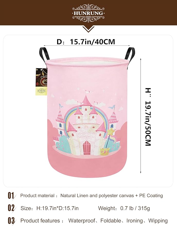 HUNRUNG Laundry Hamper,Large Canvas Fabric Lightweight Storage Basket Toy Organizer Dirty Clothes Collapsible Waterproof for College Dorms(Pink Castle)