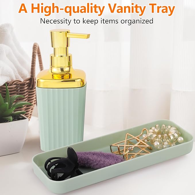 Bathroom Accessory Set,9 Pieces Light Green Bathroom Accessories Set with Trash Can, Toothbrush Holder, Soap Dispenser, Toothbrush Cup, Vanity Tray, Soap Dish, Toilet Brush, Qtip Holder