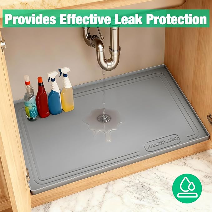 Aisslro Under Sink Mat 31" X 22", Waterproof Silicone Under Sink Mats for Kitchen, Anti-Leak Shelf Liner & Cabinet Protector with Raised Edge, [BPA Free] Bathroom Tray Home Organizer, Gray
