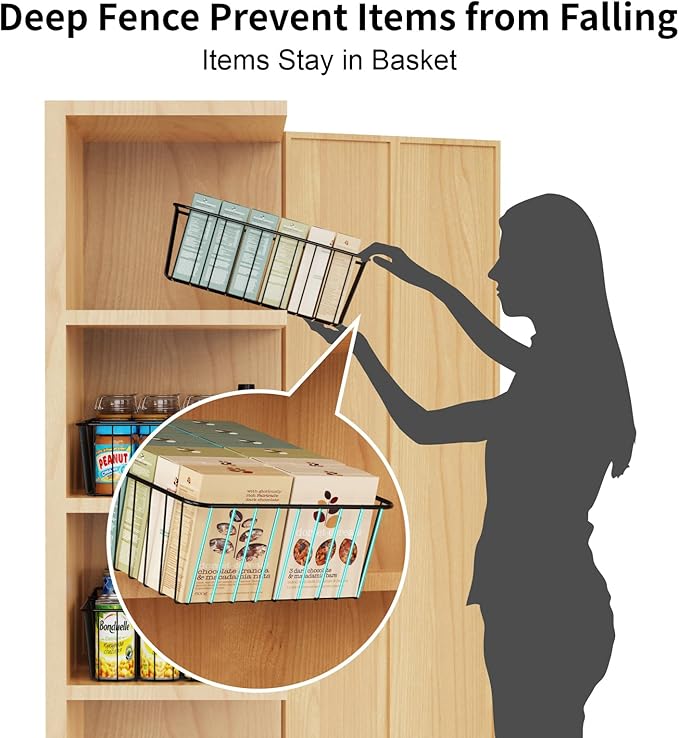 iSPECLE Wire Basket - 4 Pack Wire Storage Baskets Organizer Bins, Pantry Cabinet Shelf Kithen Storage Organization for Easily Get Items, Black