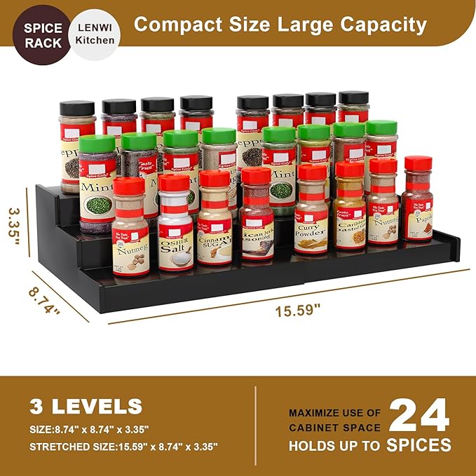 Spice Rack Organizer for Cabinet 2 Pack, 3 Tier Expandable Bamboo Spice Storage for Kitchen Cupboard Pantry, Black