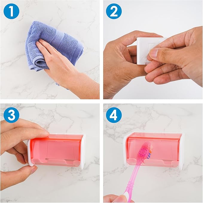 Toothbrush Holder Wall Mounted with Cover for Bathroom, 2 Slots Toothbrush Storage Organizer for Shower, Self Adhesive Toothbrush Hanger Rack for Dorm, Cabinet (Pink)
