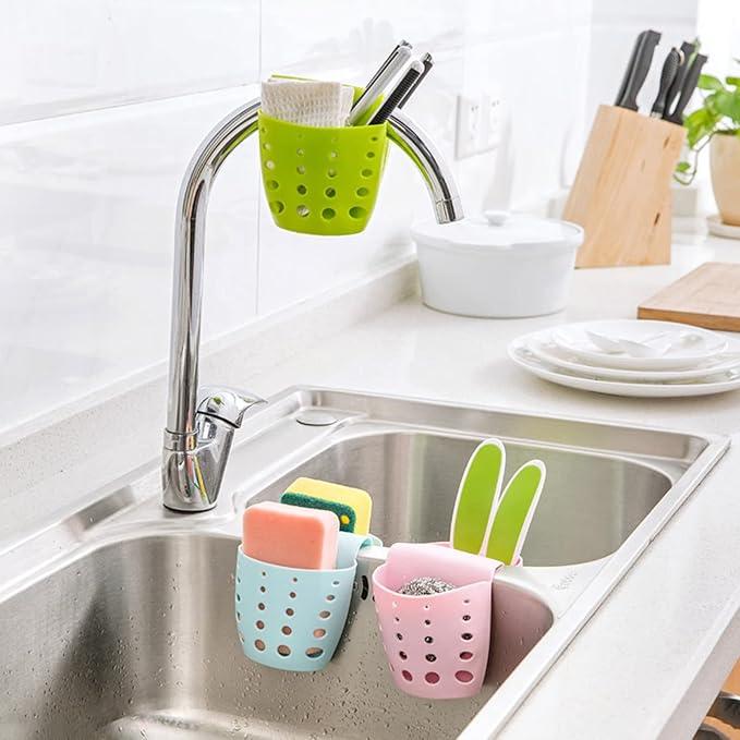TXIN Sink Hanging Drain Basket, Double Sponge Sink Holder Silicone Kitchen Gadget Storage Organizer (Grey)