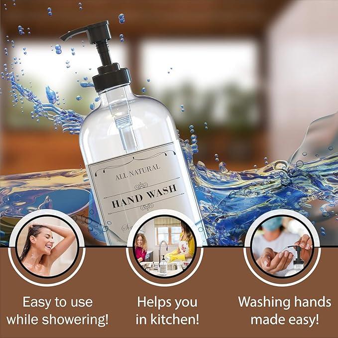 16 OZ Clear Glass Soap Dispenser with Pump, Hand and Dish Soap Dispenser Set for Bathroom with 12 Waterproof Labels, Pack 4