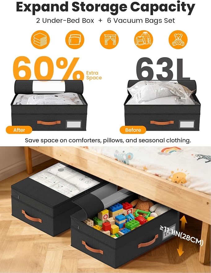 2-Pack Under Bed Storage with Wheels and 6 Vacuum Seal Bags, Adjustable Height 7.9"-10.2",63L Clear Lid Expandable Organizer for Bedding Blankets Clothes Shoes Toys,Space Saving Quick Assembly, Black